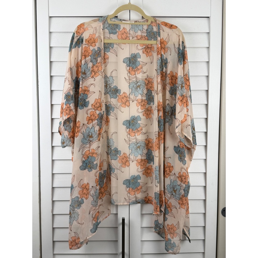 Jella C. Kimono L Peach Blue Floral Sheer Chiffon Open Front Wrap Layer